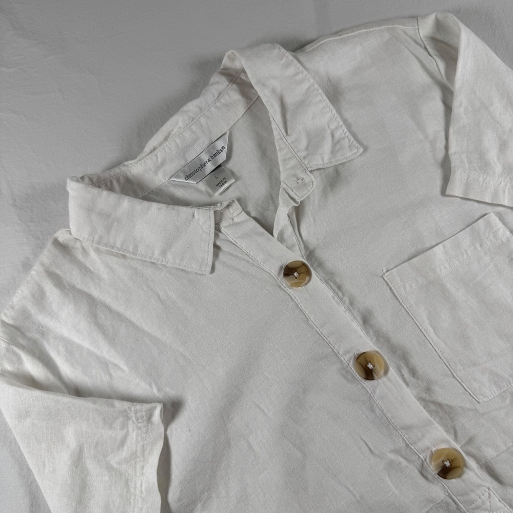 Christopher & Banks Women's Size L White Linen Blend Button Front Shirt